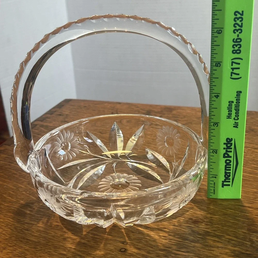 Crystal Clear Vintage Glass Basket Bowl Oval Cut Glass Floral 1970s Decorative